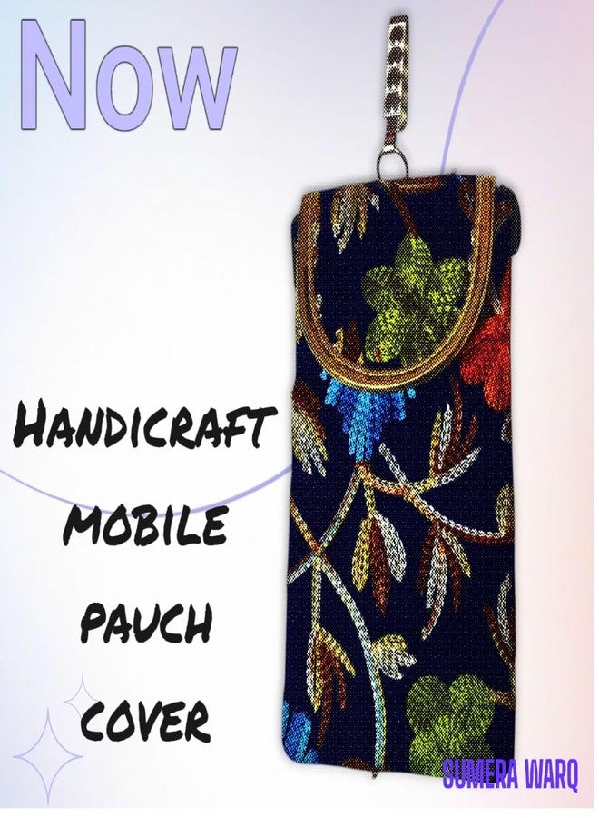 SUMERA WARQ Embroidered Mobile Pouch Cover, Navy Blue Floral Design, Handmade Ethnic Sling Bag with Clip (Blue) - Image 4